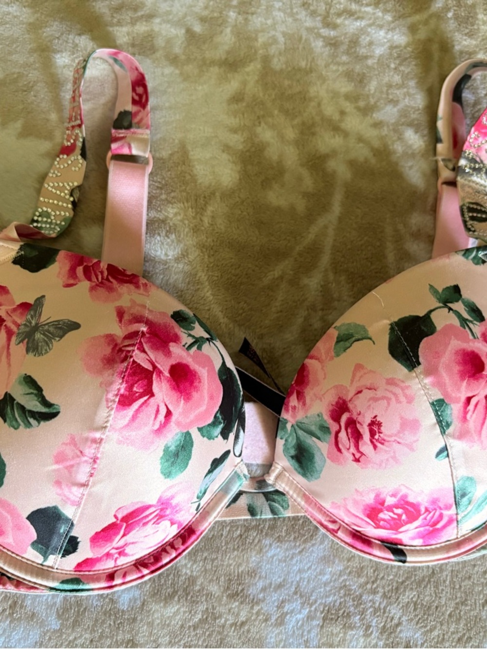 Pink Floral Underwire Bra with Rose Print